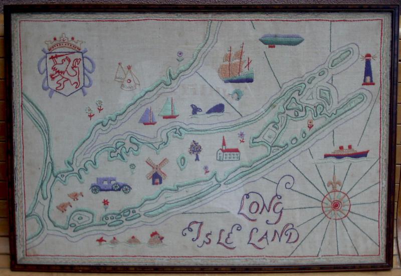 A map of Long Island, NY done in embroidery on linen, from the 1930's